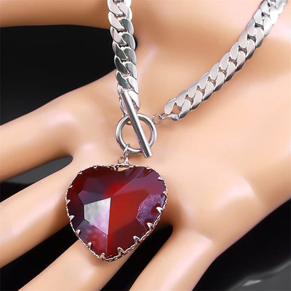 Goth Punk Red Heart Necklace Choker for Women Stainless Steel Silver Color Glass Pendant Clavicle Chain Necklaces Jewelry NXS03