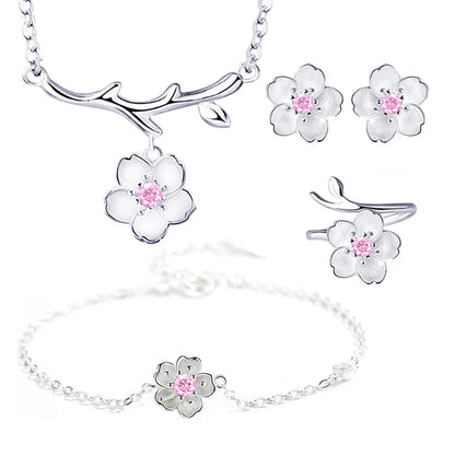 925 Sterling Silver Jewelry Sets Romantic Cherry Blossoms Flower Necklace+Earrings+Ring+Bracelet joyas de plata For Women Gift