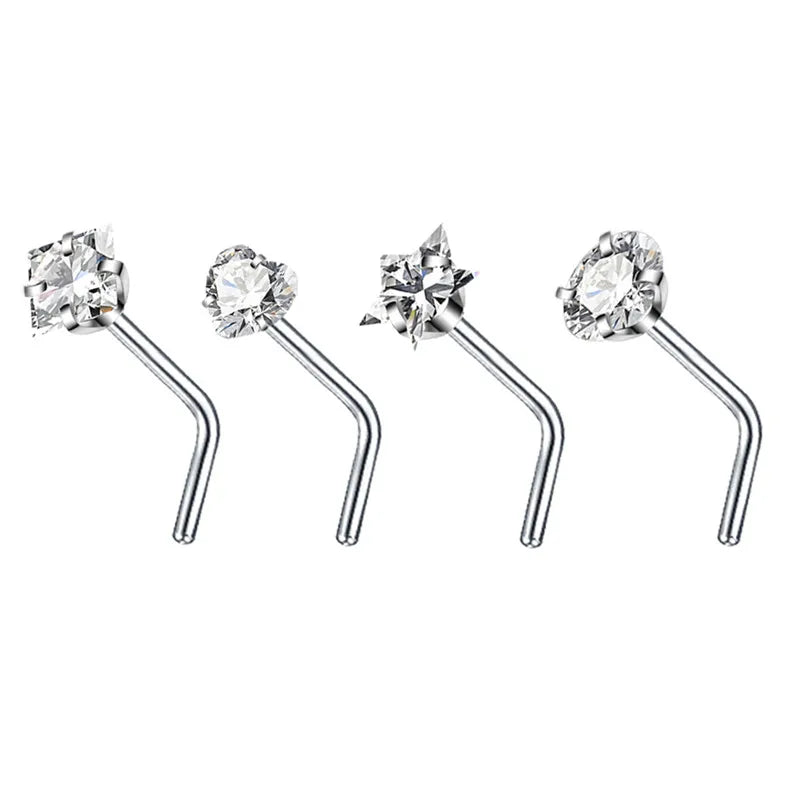 4PCS Surgical Steel Heart Nose Ring Stud Pack Real Star L Shape Nose Piercing Stud Set Square Nose Rings Set Piercing Nariz Lote