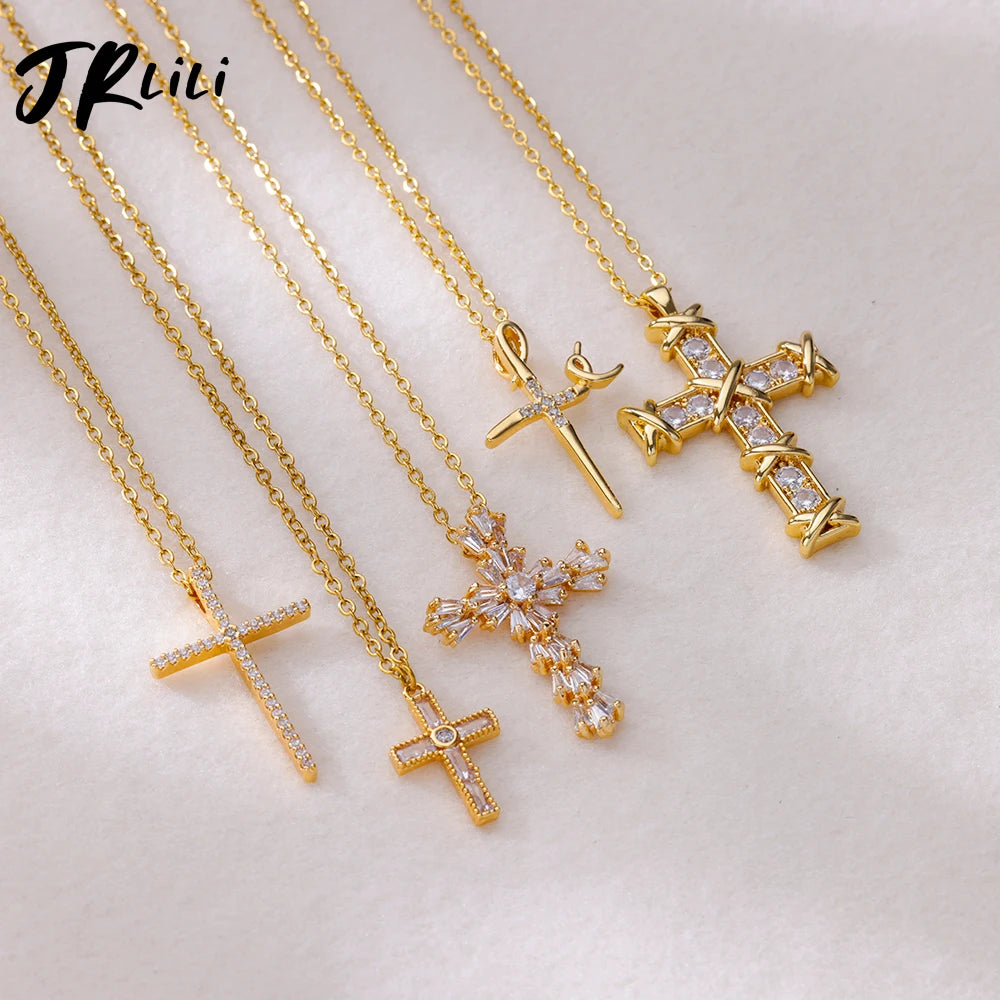 Zircon Cross Pendant Necklace for Women Gold Color Stainless Steel Collar Necklaces Goth Party Wedding Jewelry Gifts