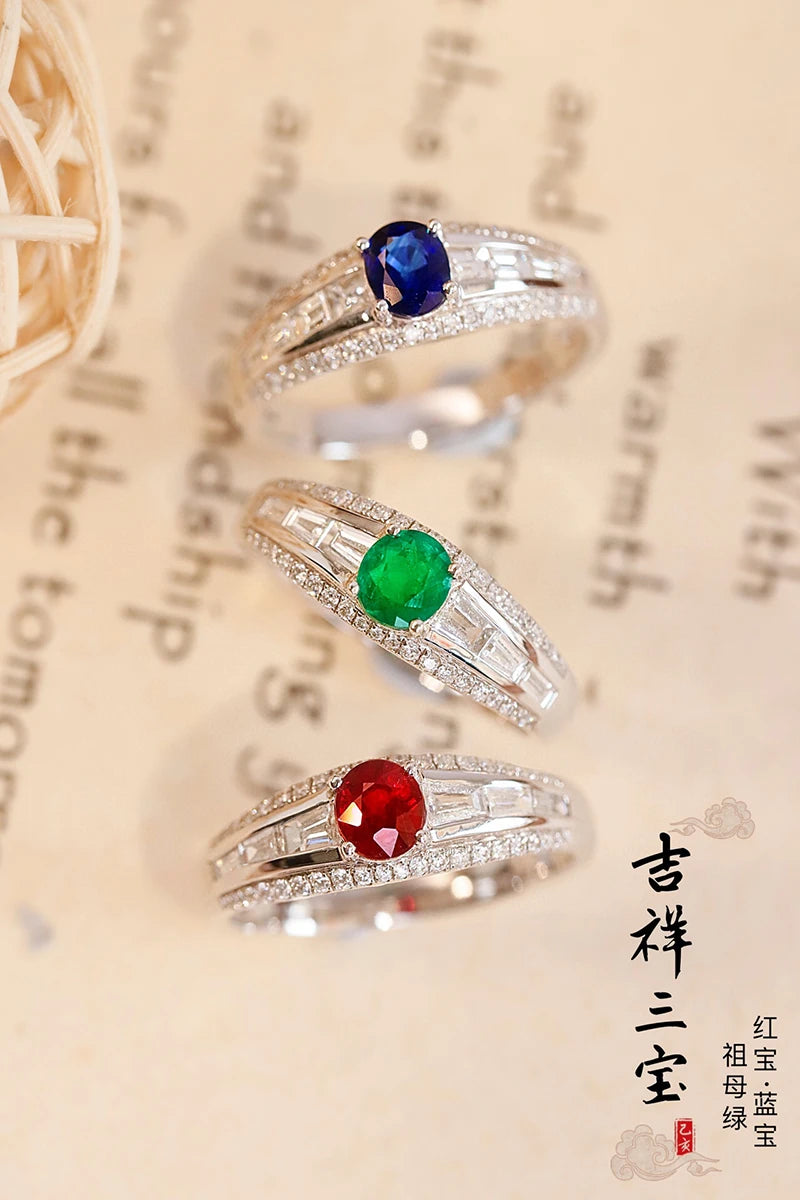 18K White Gold Rings Fashion Design Luxury Diamond Natural Ruby/Emerald/Sapphire Ring for Women Wedding Jewelry