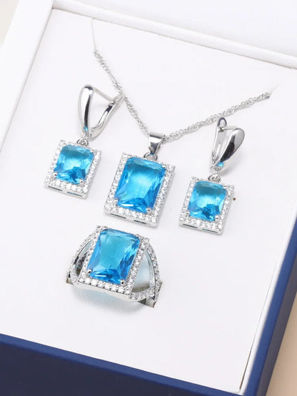 925 Sterling Silver Jewelry Sets Accessories Bridal Women Natural Crystal Zircon Earrings Open Ring Pendant Wedding Necklace Set