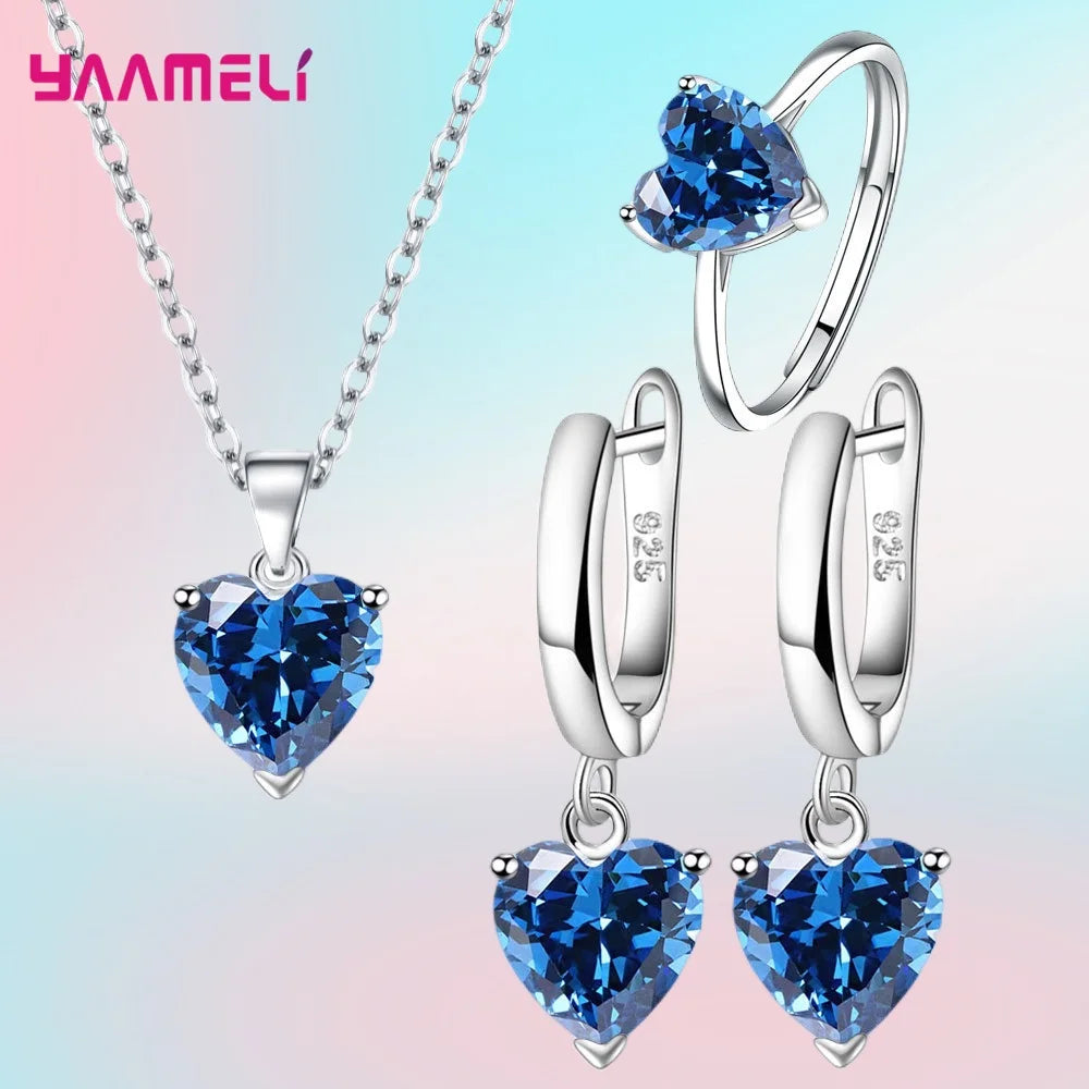 Fine 925 Sterling Silver Color Jewelry Gift Sets for Women Female Romantic Heart Zircon Huggie Earrings Pendant Necklace Ring