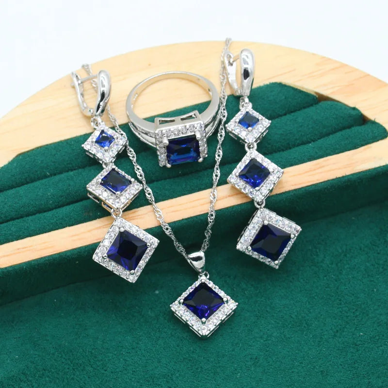 Classic Blue Topaz Bride 925 Silver Jewelry Set for Women Wedding Bracelet Long Earrings Ring Necklace Pendant Gift Box