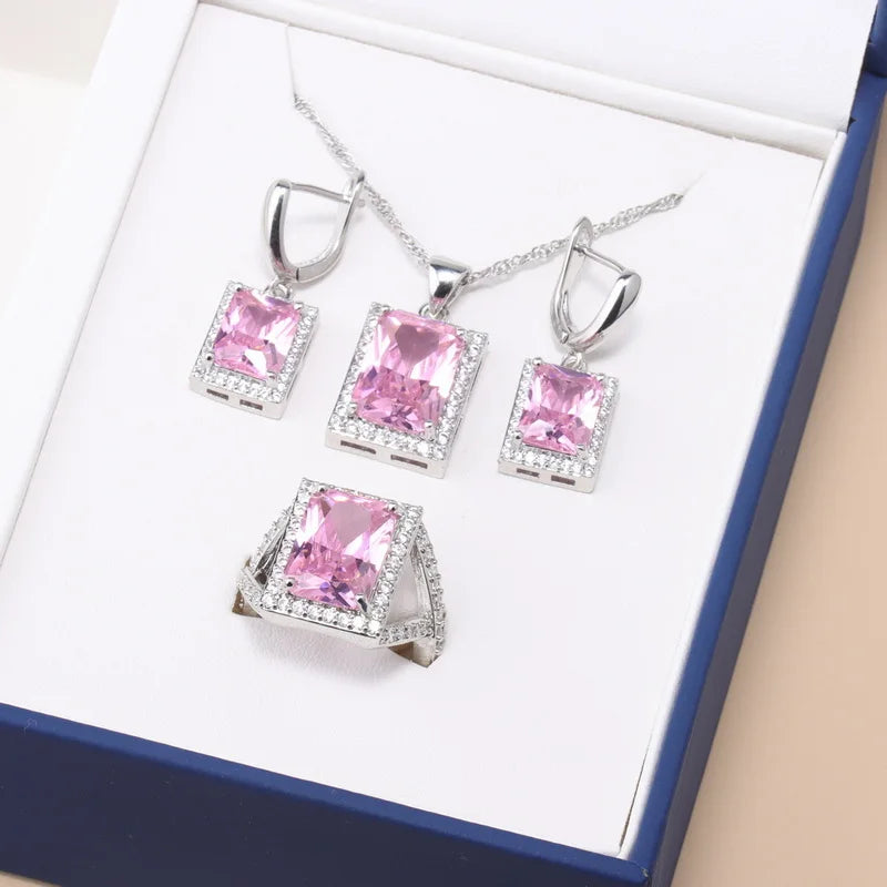 925 Sterling Silver Jewelry Sets Accessories Bridal Women Natural Crystal Zircon Earrings Open Ring Pendant Wedding Necklace Set