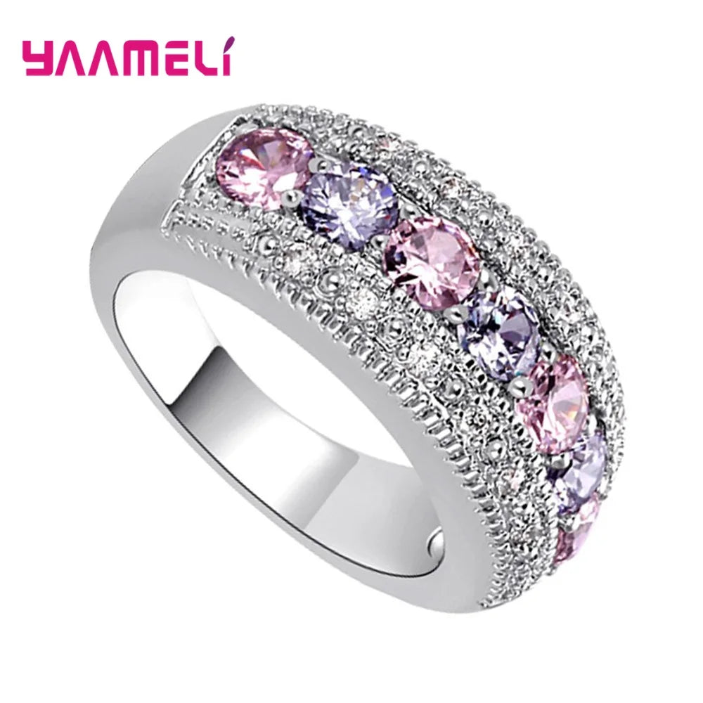 Luxury Pink/Purple Cubic Zircon Wedding Ring 925 Sterling Silver Plated Jewelry for Women Men Wedding Engagement Accessories