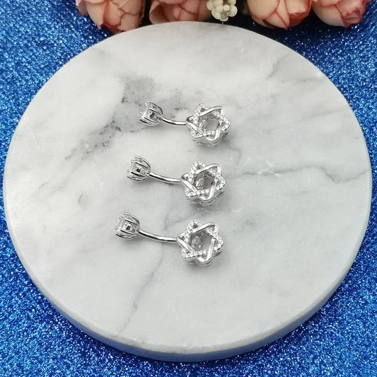 Sterling Silver Star Of David Zircon Decorations Navel Piercing Triangle Belly Button Rings Body Jewelry Trend Rod Long 6 MM