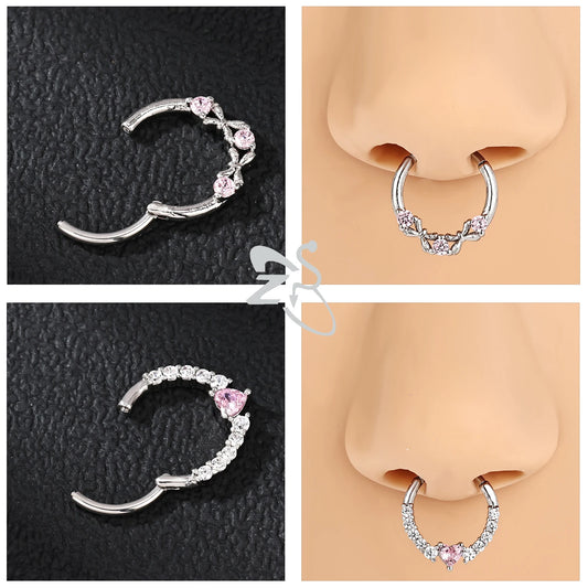 ZS 1PC Pink Crystal Nose Piercing Silver Color Septum Ring 316L Stainless Steel Nose Clicker Ear Helix Cartilage Piercing 16G