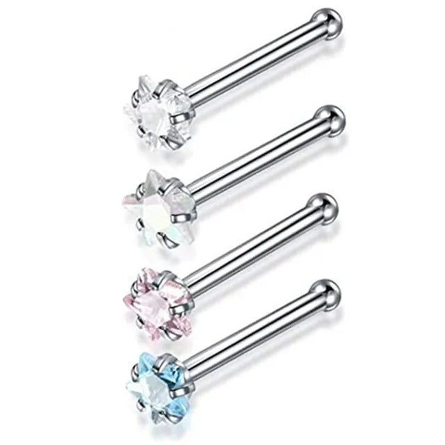 4PCS Surgical Steel Heart Nose Ring Stud Pack Real Star L Shape Nose Piercing Stud Set Square Nose Rings Set Piercing Nariz Lote