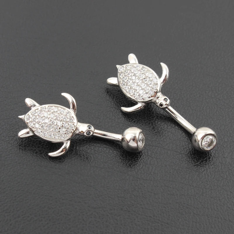 Belly button ring women 925 sterling silver tortoise no allergic 6 8 10 mm pin length setting zircon clear stones body jewelry