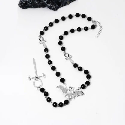 Vampire Ankh Rosary Occult Vamp Bead Necklace Goth Punk Bat Cross Pendant Necklace Handmade Beaded Egyptian Tradgoth Jewelry