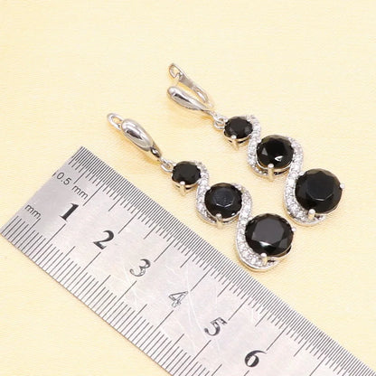 Silver Wedding Jewelry Sets For Women Flower Shape Black Zircon Bracelet Earrings Necklace Pendant Ring Gift Box