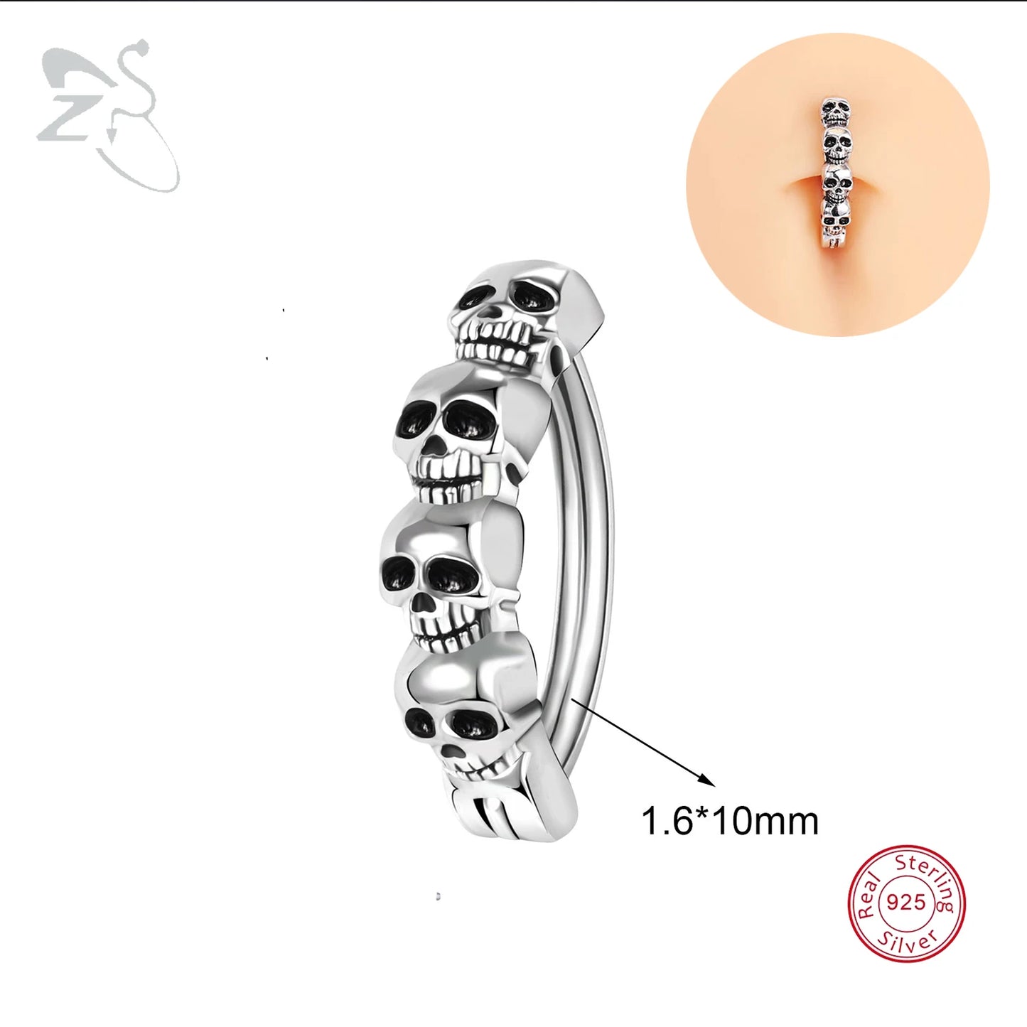 ZS 1 PC Skull Navel Piercing 925 Sterling Silver Reverse Curved Belly Button Rings for Men Punk Rock Clicker Navel Rings 14/16G