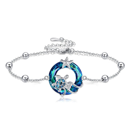 MONGAS Turtle Bracelet for Women 925 Sterling Silver Crystal Starfish Turtle Adjustable Bracelet Sea Turtle Jewelry for Women