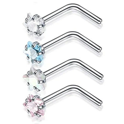 4PCS Surgical Steel Heart Nose Ring Stud Pack Real Star L Shape Nose Piercing Stud Set Square Nose Rings Set Piercing Nariz Lote