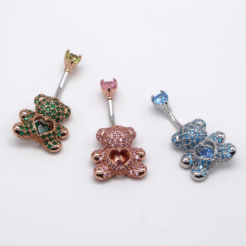 MIQIAO Belly Button Rings Cute Bear 925 Silver Piercing Belly Button New Arrival Luxury Pink Blue Green Body Jewelry