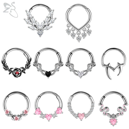 ZS 1PC Pink Crystal Nose Piercing Silver Color Septum Ring 316L Stainless Steel Nose Clicker Ear Helix Cartilage Piercing 16G