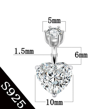 925 pure silver belly button ring real genuine silver navel ring body piercing jewelry heart stone zircon pin length 6 8 10 mm