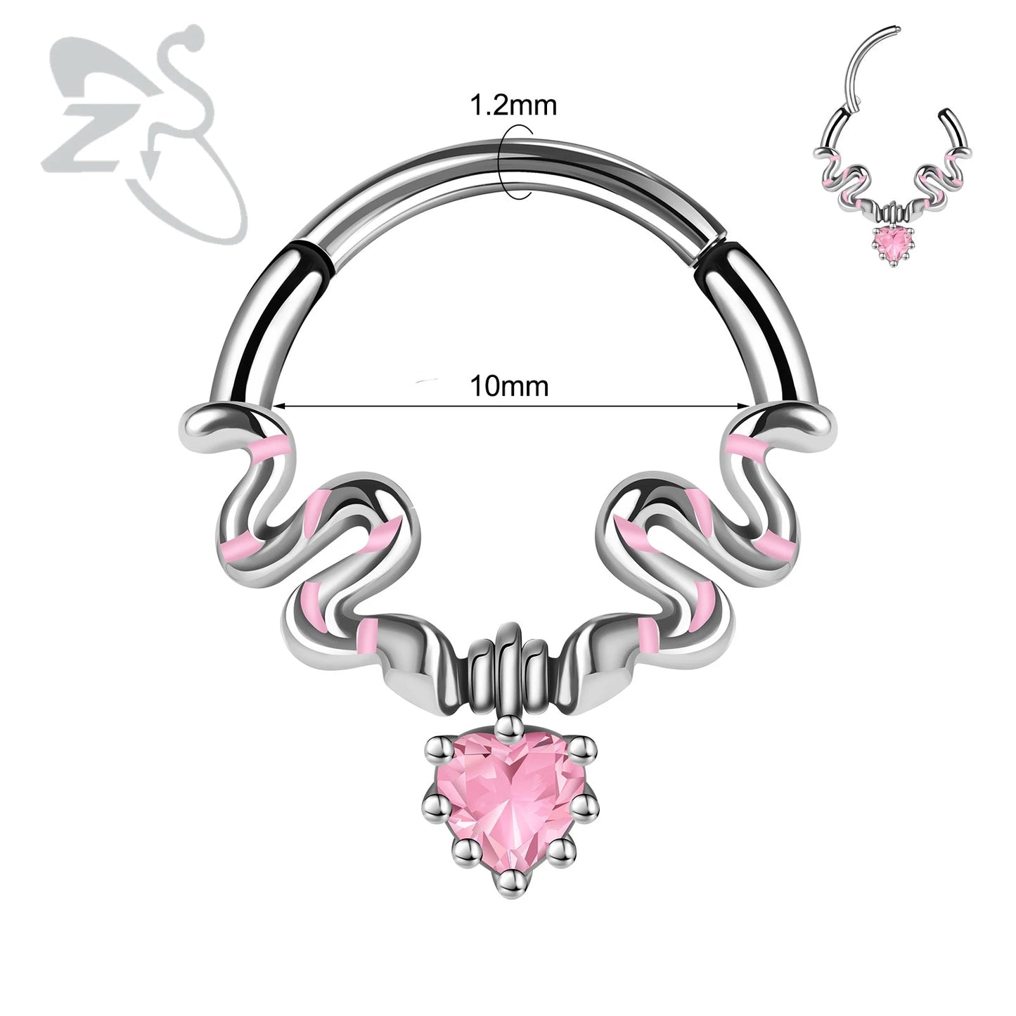 ZS 1PC Pink Crystal Nose Piercing Silver Color Septum Ring 316L Stainless Steel Nose Clicker Ear Helix Cartilage Piercing 16G