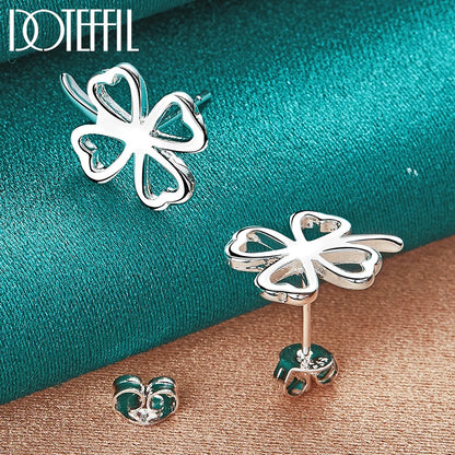 3pcs 925 Sterling Silver Four-leafed Clover Necklace Bracelet Earring Set For Woman Wedding Engagement Fashion Jewelry