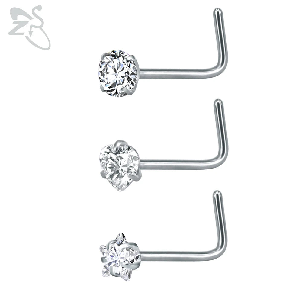 ZS 3-12pcs/lot Stainless Steel Nose Stud Set Round Heart Star CZ Crystal Nose Piercings 3MM L Shape Nostril Piercing Jewelry 20g