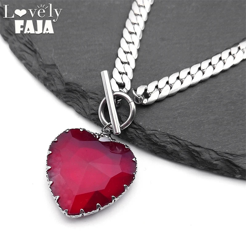 Goth Punk Red Heart Necklace Choker for Women Stainless Steel Silver Color Glass Pendant Clavicle Chain Necklaces Jewelry NXS03