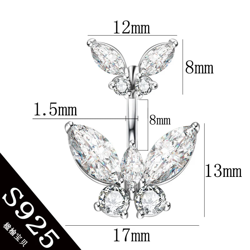 Body jewelry Butterfly real 925 sterling silver Belly button ring pin length 6mm 8mm 10mm Piercing fine jewelry free shipping