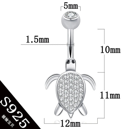 Belly button ring women 925 sterling silver tortoise no allergic 6 8 10 mm pin length setting zircon clear stones body jewelry