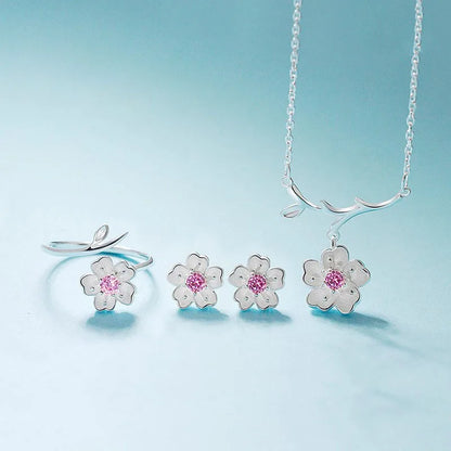 925 Sterling Silver Jewelry Sets Romantic Cherry Blossoms Flower Necklace+Earrings+Ring+Bracelet joyas de plata For Women Gift