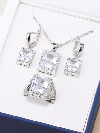 925 Sterling Silver Jewelry Sets Accessories Bridal Women Natural Crystal Zircon Earrings Open Ring Pendant Wedding Necklace Set