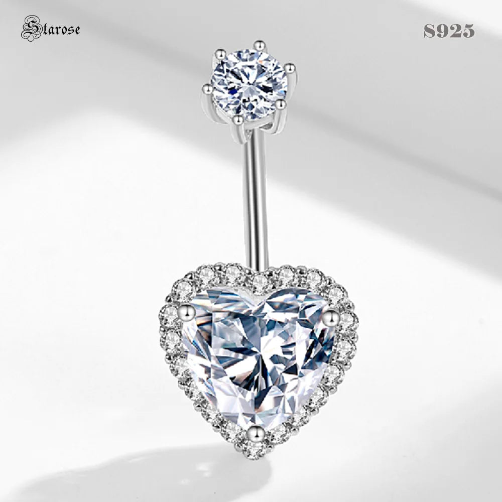 1.6x8mm 925 Sterling Silver Crystal Heart Belly Bar Navel Piercing Jewelry Women Belly Button Rings Navel Piercing Ombligo