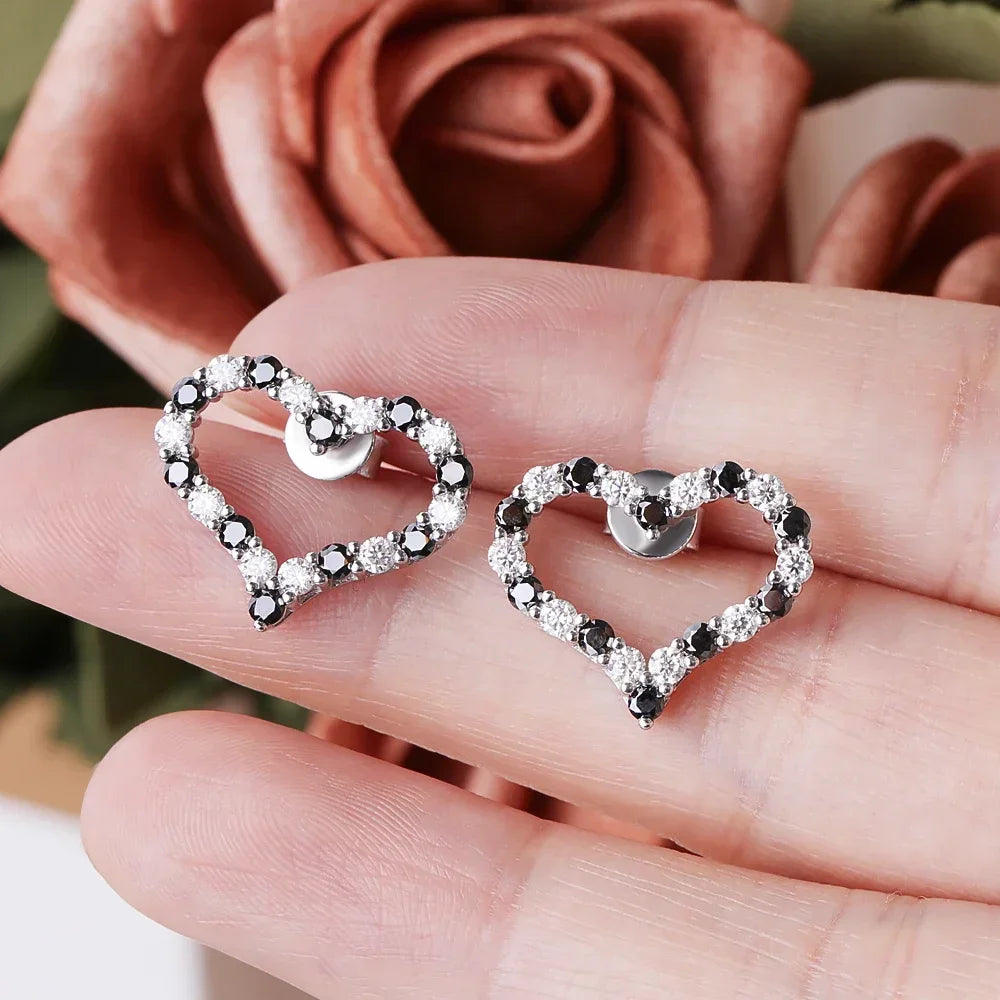 FEOBUR 2ct Black White Moissanite Necklace Heart Pendant for Women 925 Sterling Silver Stud Earring Jewelry Girls Birthday Gift