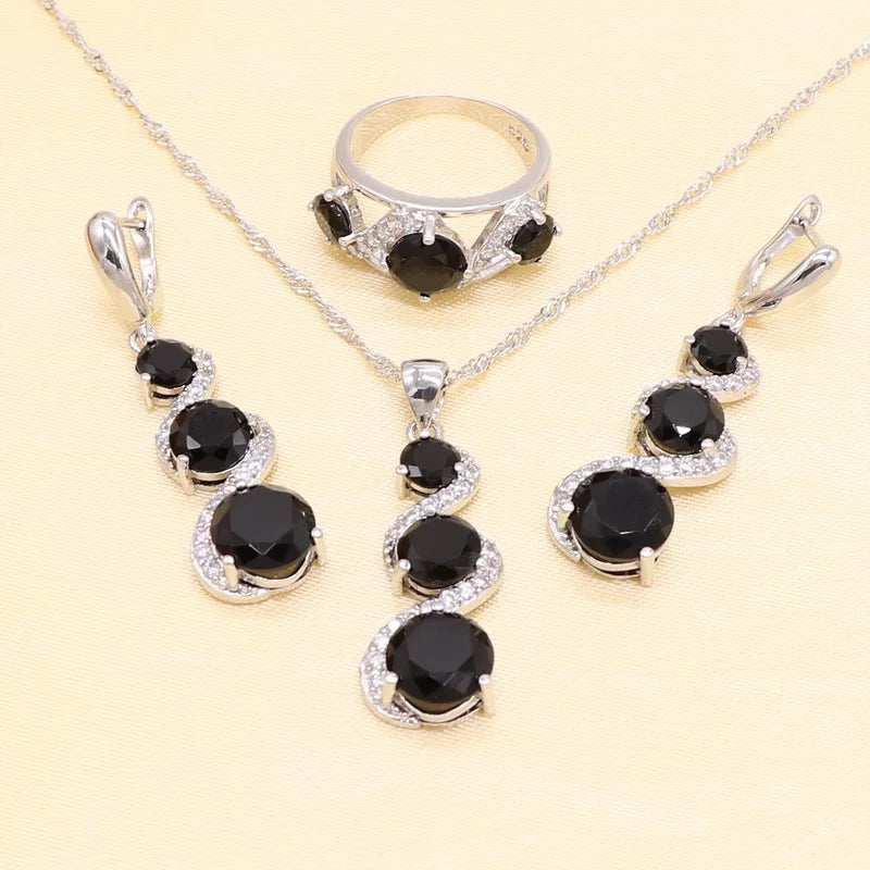 Silver Wedding Jewelry Sets For Women Flower Shape Black Zircon Bracelet Earrings Necklace Pendant Ring Gift Box