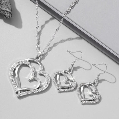 3 Pcs Set Heart Shaped Jewelry Set Of Earrings Pendant Necklace For Women Exquisite Fashion Rhinestone Double Heart Jewelry Set