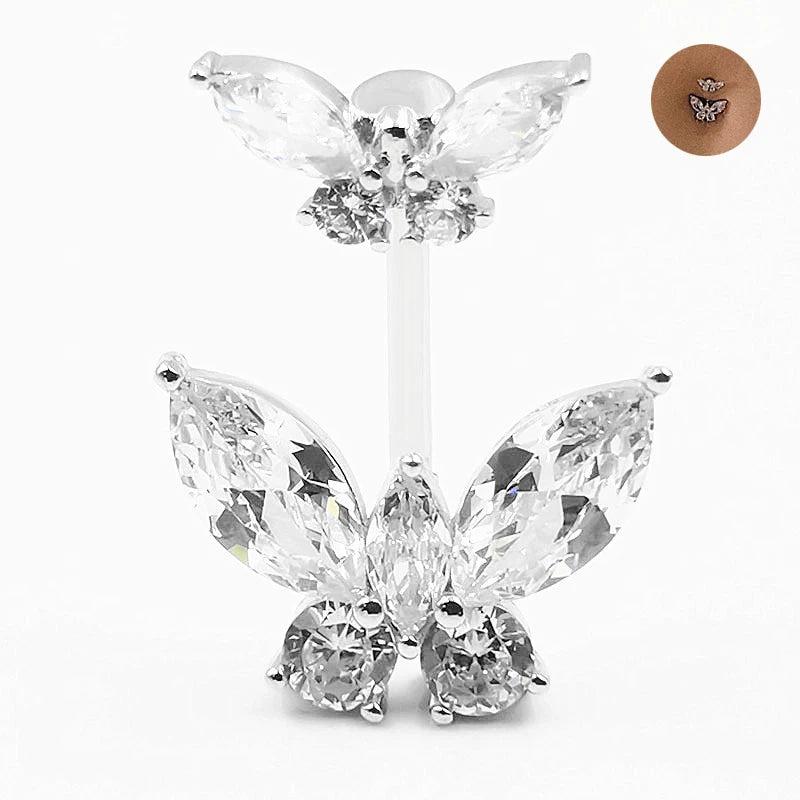 925 Sterling Silver Belly Piercing Button Ring Fashion Butterfly Style CZ Navel Ring Body Jewelry 1Pc For women