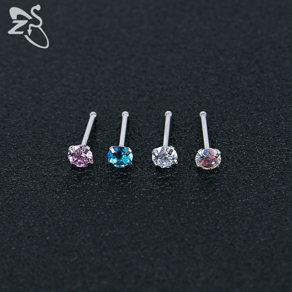 ZS 3-12pcs/lot Stainless Steel Nose Stud Set Round Heart Star CZ Crystal Nose Piercings 3MM L Shape Nostril Piercing Jewelry 20g