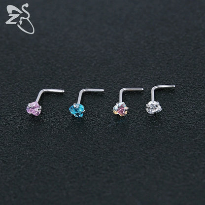 ZS 3-12pcs/lot Stainless Steel Nose Stud Set Round Heart Star CZ Crystal Nose Piercings 3MM L Shape Nostril Piercing Jewelry 20g