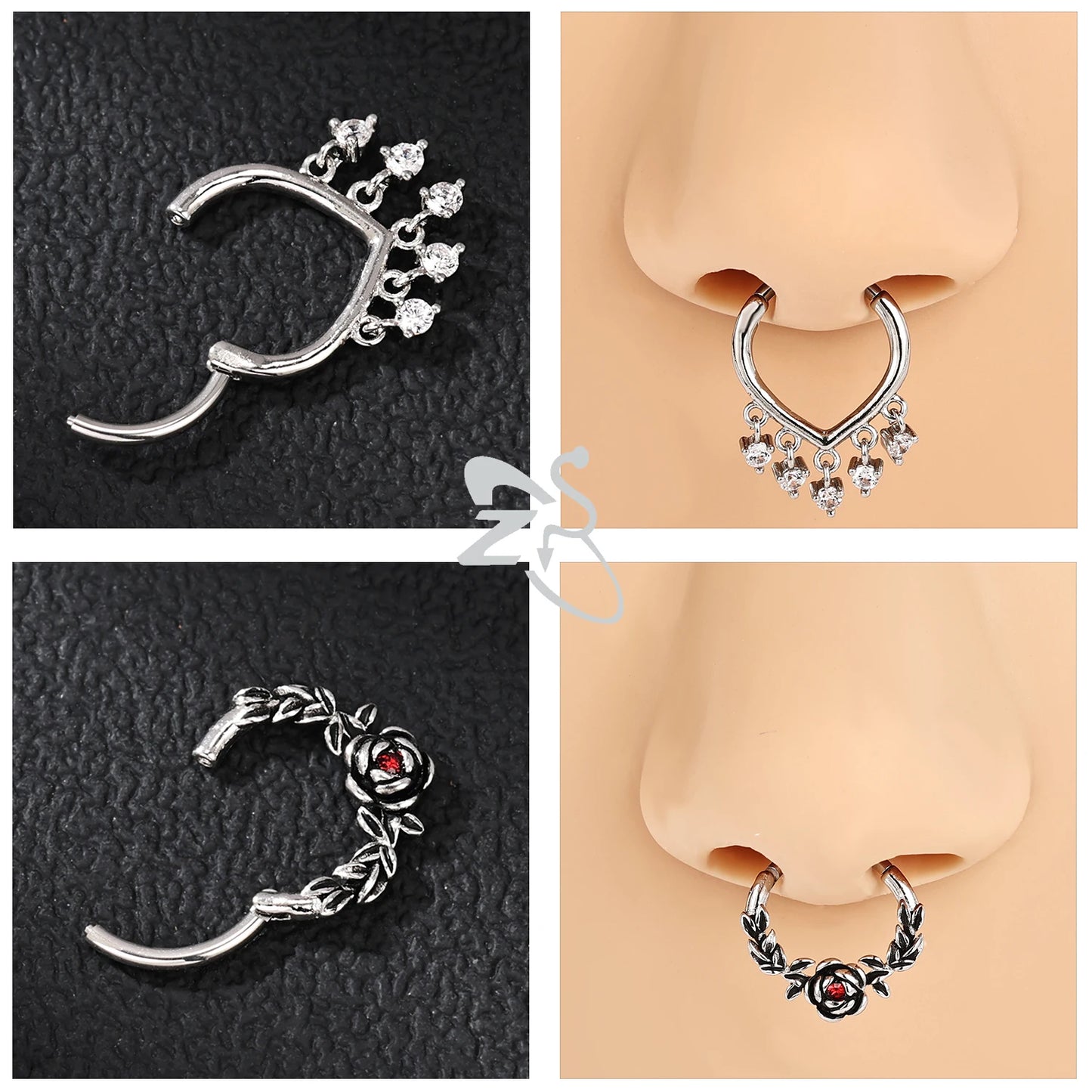 ZS 1PC Pink Crystal Nose Piercing Silver Color Septum Ring 316L Stainless Steel Nose Clicker Ear Helix Cartilage Piercing 16G