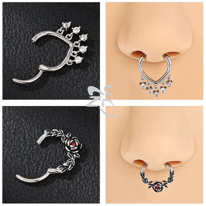 ZS 1PC Pink Crystal Nose Piercing Silver Color Septum Ring 316L Stainless Steel Nose Clicker Ear Helix Cartilage Piercing 16G