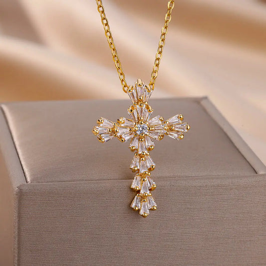 Zircon Cross Pendant Necklace for Women Gold Color Stainless Steel Collar Necklaces Goth Party Wedding Jewelry Gifts