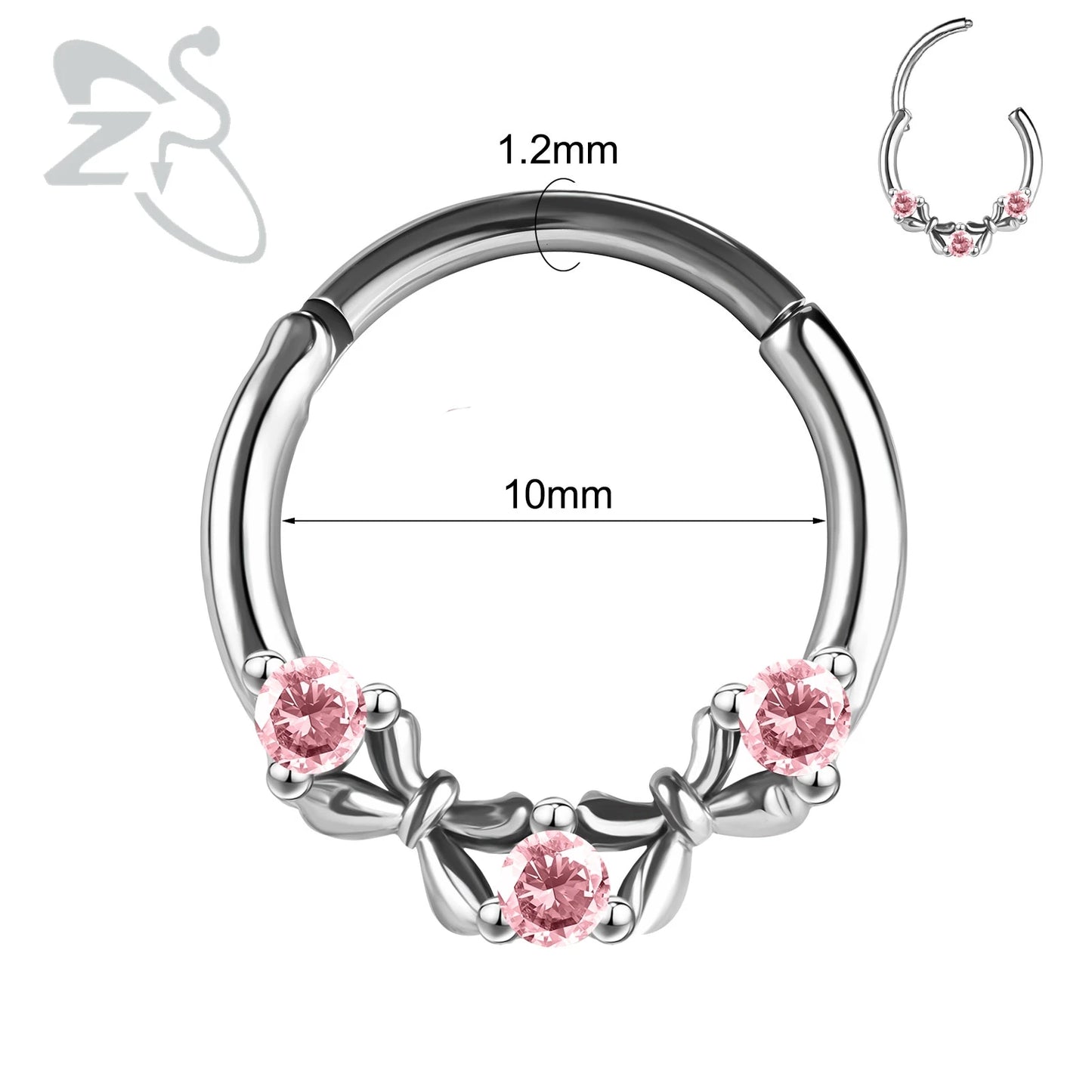 ZS 1PC Pink Crystal Nose Piercing Silver Color Septum Ring 316L Stainless Steel Nose Clicker Ear Helix Cartilage Piercing 16G