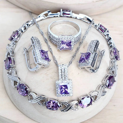 Purple Zirconia Women Bridal Jewelry Sets Silver 925 Fine Costume Jewellery Wedding Earrings Rings Bracelets Pendant Necklace