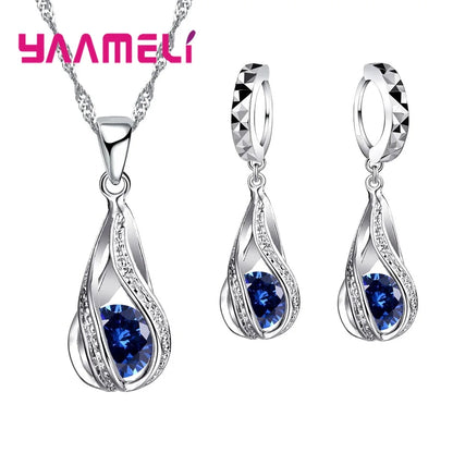 Water Drop CZ 925 Sterling Silver Plated Jewelry Set For Women Pendant Necklace Hoop Earrings Wedding Party Ceremoey Anel