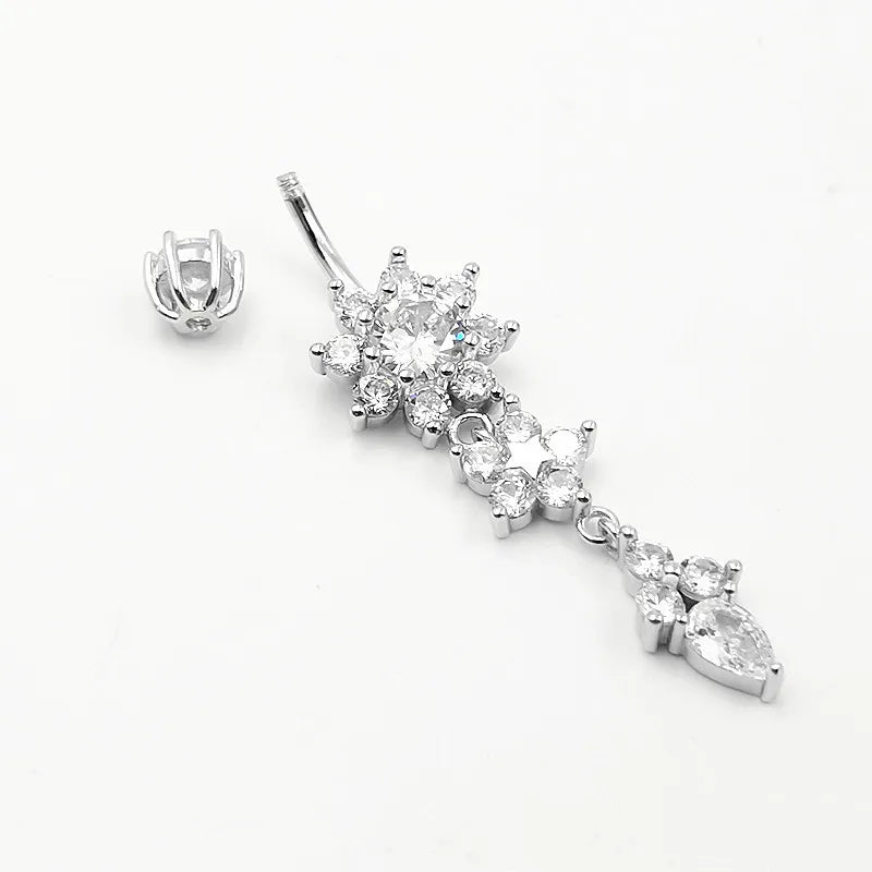 New Arrived 925 Sterling Silver Belly Button Ring Bar Barbell Flower Shape CZ Navel Piercing Jewelry