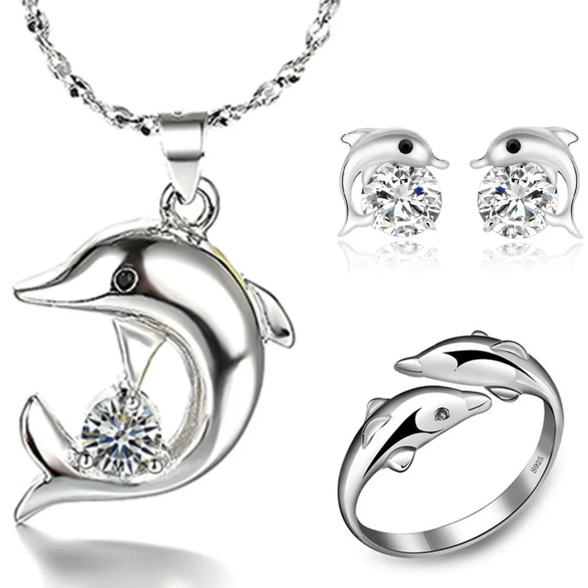 S925 Sterling Silver Dolphin Necklace Earrings Ring Bracelet Set for Women Party Engagement Jewelry Gifts