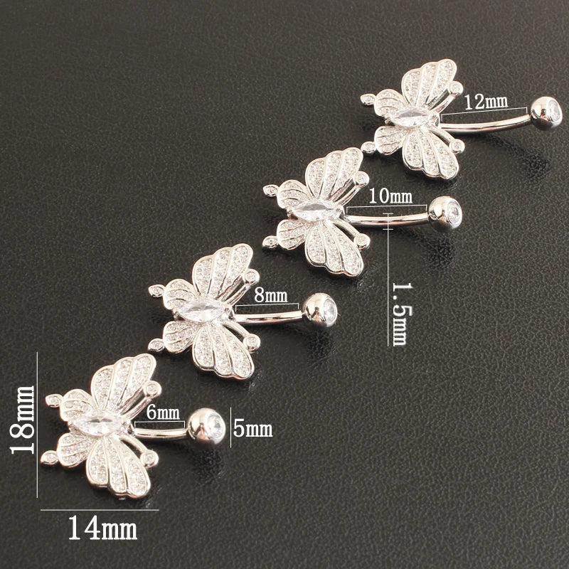 Butterfly Belly Button Ring 925 Sterling Silver Whole Navel Umbilical Bar Clear Zirocn Stones Body Piercing Fine Jewelry