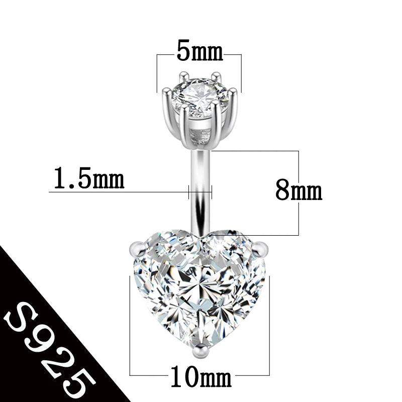 925 pure silver belly button ring real genuine silver navel ring body piercing jewelry heart stone zircon pin length 6 8 10 mm