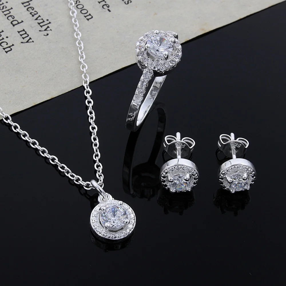 925 Sterling silver Cute Solid Christmas gift noble fashion elegant women shiny crystal CZ necklace earring ring jewelry Set