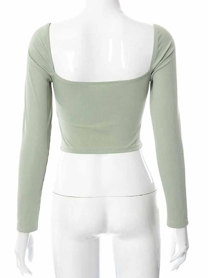 Hollow-Out V-neck Long Sleeve Crop Tops Spring Fall Casual Fashion Women Square Collar Slim Ribbed T-Shirts Backless Tee