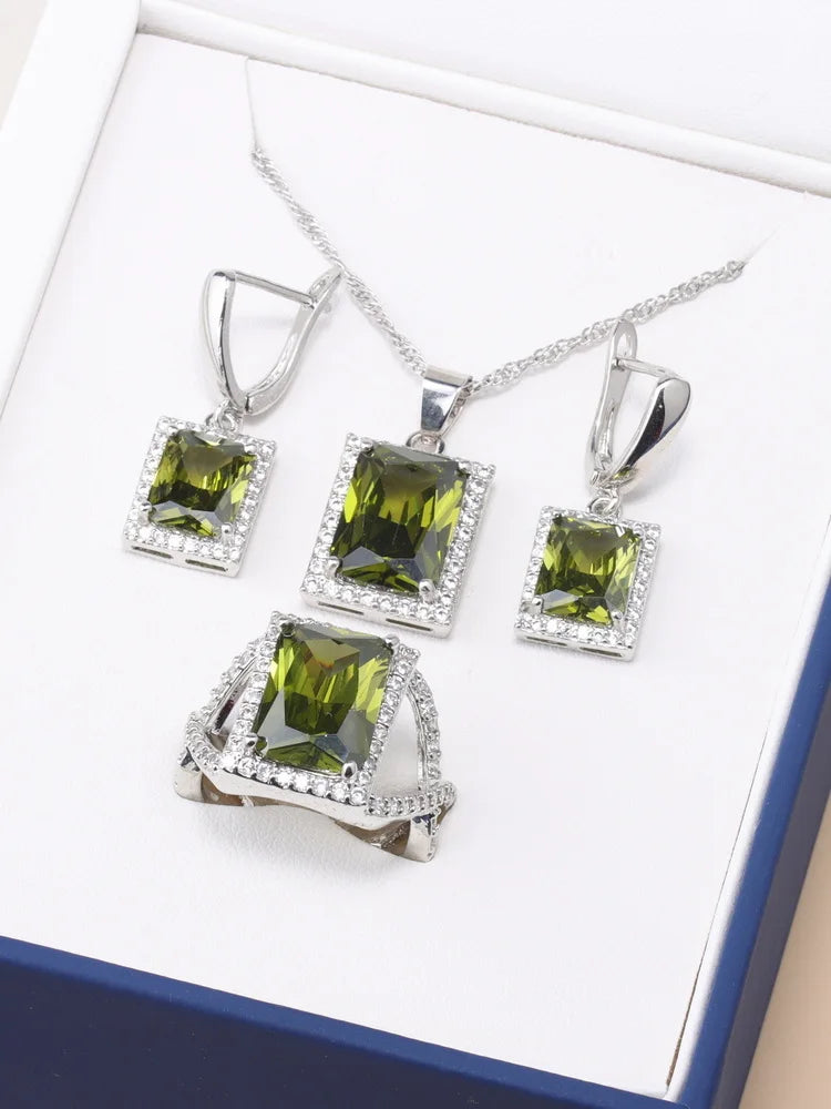 925 Sterling Silver Jewelry Sets Accessories Bridal Women Natural Crystal Zircon Earrings Open Ring Pendant Wedding Necklace Set